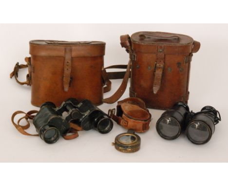 A cased First World War military compass by F.Darton & Co, London with two similar pairs of cased field glasses one by by Hun