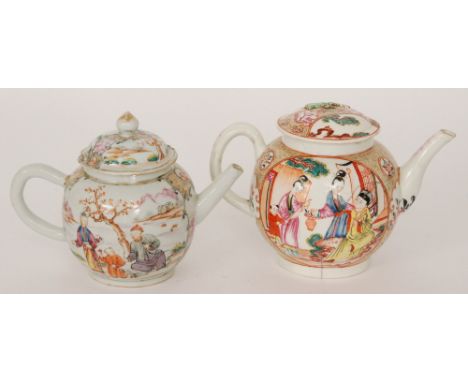 Two 19th Century globular teapots each decorated with enamel Chinoiserie scenes of women in conversation and in garden settin