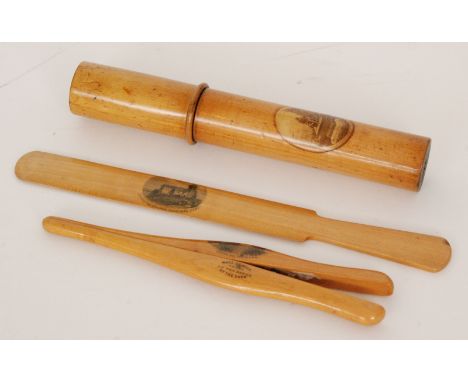 Four pieces of 19th Century Mauchline Ware comprising a pair of glove stretchers with a 'Scene of the Doon, Made of wood grow