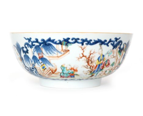 A late 19th to early 20th Century Chinese famille rose footed bowl decorated to the exterior with enamel cartouche scenes of 