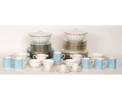 A Royal Worcester Linea pattern dinner service in white porcelain with pale blue linear design and silver lustre trim compris