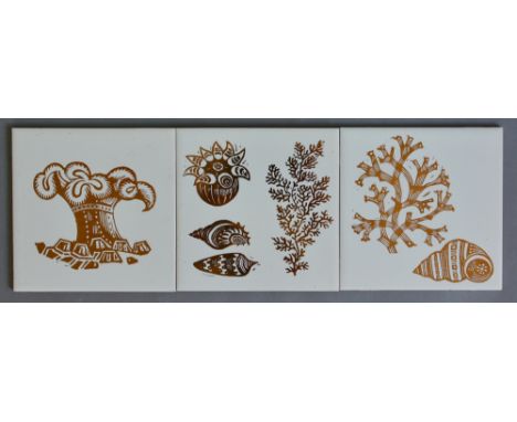 Lawrence Scarfe - Kenneth Clark Ceramics - Three 6in dust pressed tiles decorated in gold lustre with sea life designs, on H&