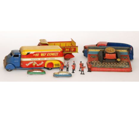 A Marx Hi Way express tinplate Nationwide delivery lorry, a dump truck, a toy typewriter and various lead soldiers etc