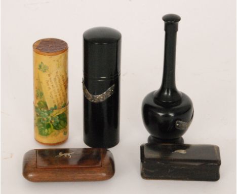 A Mauchlin ware cylindrical pot with Forget Me Not poem, a rectangular horn snuff box and another wooden example and two silv