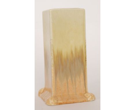 A Ruskin Pottery square form vase decorated in a streaked yellow to orange glaze, incised marks Ruskin W. Howson Taylor, heig