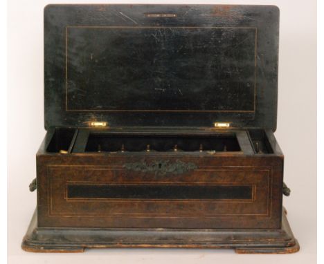 A six bells in sight musical box playing six airs, with bird strikers and lacking tune card, cylinder 28cm in inlaid ebonised