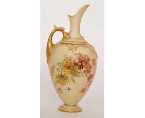 A late 19th Century Royal Worcester shape 1745 pedestal jug each decorated with sprays of flowers against the blush ivory gro