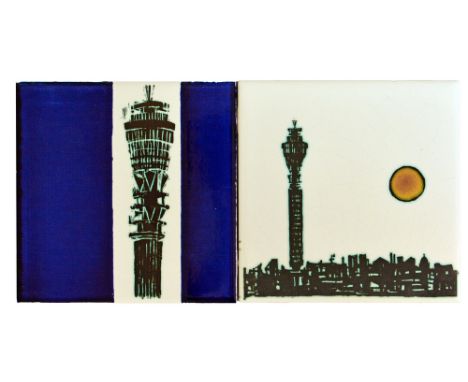 Ann Wynn Reeves and Kenneth Clark - Two 6in dust pressed tiles showing the Post Office Tower in London, the designs commissio