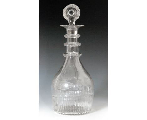 A late 18th Century Irish Cork glass decanter of Prussian form, the basal moulding below the repeat engraved border and CM mo