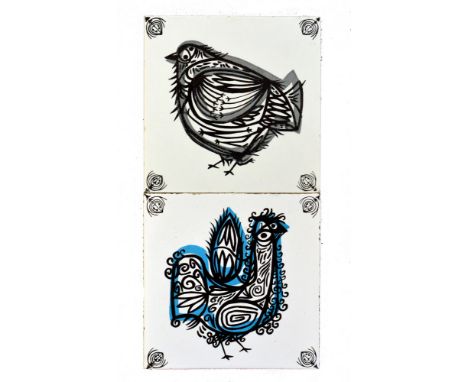 Robert Stewart - Dovecot Studios - Two 6in dust pressed tiles each decorated with a stylised bird, the grey and black bird sc