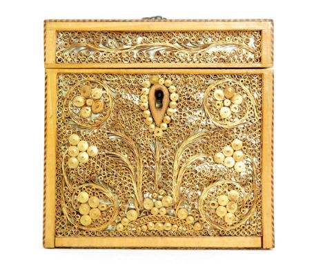 A George III rectangular curled paper tea caddy, the hinged cover mounted silvered pierced handle, each panel in the form of 