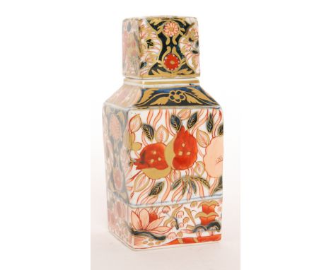 A 19th Century tea caddy decorated in the Imari palette with a stylised floral design, bears a hand painted blue Chinese mark