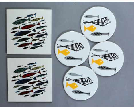 Unknown - Six assorted 1960s dust pressed tiles each decorated with screen printed fish designs, all onto H&R Johnson blanks,