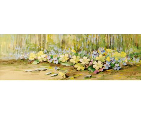 W.H.AUSTIN (CIRCA 1925) - Primroses and Violets, gouache, signed, framed, 12cm x 37cmW.H.Austin was a ceramic artist for Roya