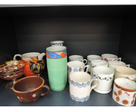 A shelf of decorative ceramics and glassware including Victorian and Carnival etc