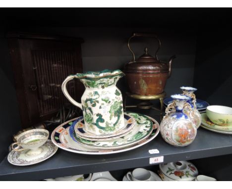 A shelf of miscellaneous including Mason's jugs, copper kettle, miniature corner cupboard etc 