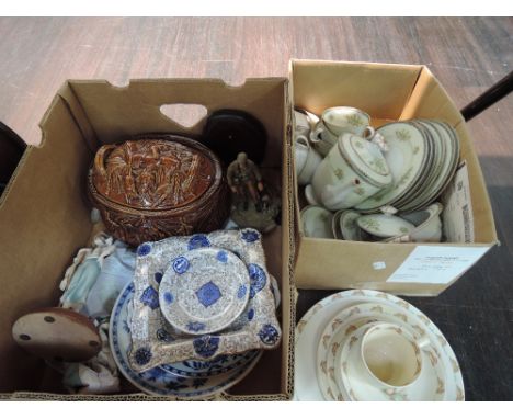 A selection of decorative ceramics including Bunnykins, game pie dish etc and a vintage travel case