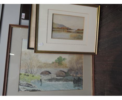 A watercolour Dar Rees, riverbridge, signed, a watercolour Lakeland landscape, monogrammed and a print, Paris