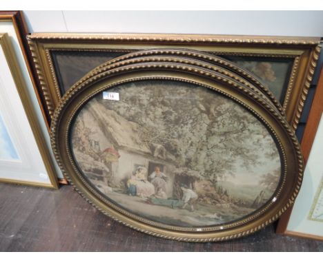 Three oval prints in the style of Morland and a similar print, Morning, The Higlers Preparing
