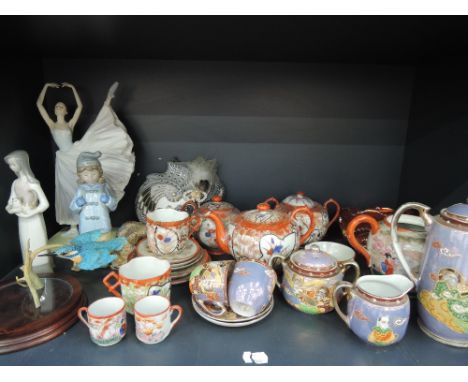 A shelf of decorative ceramics including Satsuma tea ware, BFA kingfisher etc