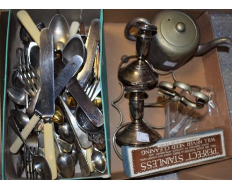 Metalware - a pair of silver candlesticks, Birmingham 1919; a Georgian silver teaspoon; flatware, etc