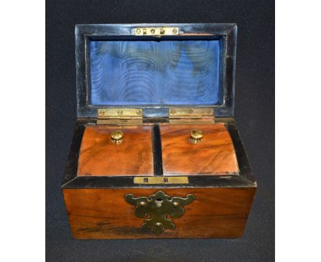 A 19th century brass mounted domed top two division tea caddy with fitted interior