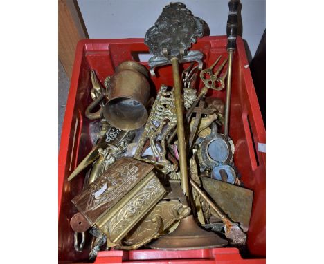 Metalware - 19th century and later horse brasses, trivet, companion set, toasting fork, trinket dishes, cast figure of Napole
