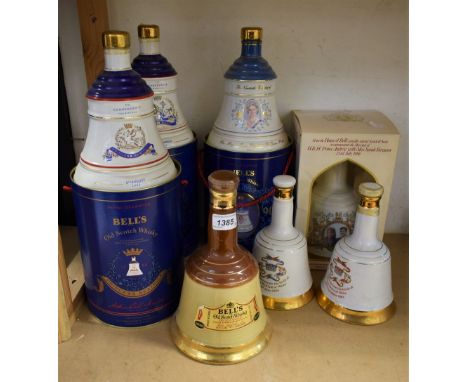A Bells commemorative ceramic whiskey decanter, Princess Eugenie; two others similar; four further Bell's decanters 