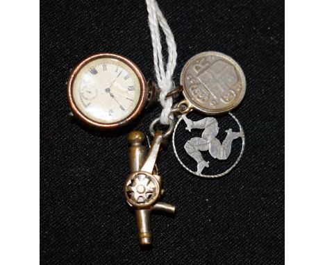 Silver/white metal Charms - a novelty alarm clock; a cannon; an Isle of Man three legged pendant;  an Icelandic 19 Aurar 1933