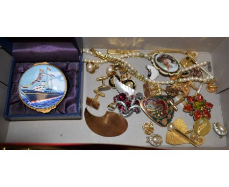 Costume Jewellery - brooches, necklaces, cuff links, etc; a Toye, Kenning and Spencer enamel trinket pot and cover, boxed; qt