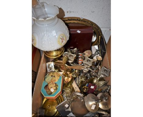 Boxes and Objects - a brass oil lamp with moulded glass shade; a canteen of king's pattern cutlery for six; British and world
