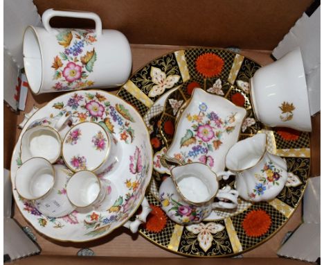 An Abbeydale Chrysanthemum pattern dinner plate, smaller trinket dish; Abbeydale floral printed two handled dish, cream jugs,