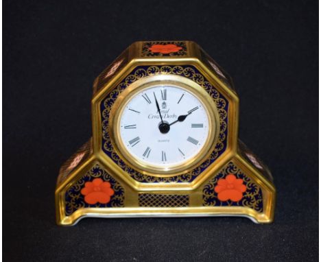 A Royal Crown Derby 1128 pattern mantel clock, first quality, boxed