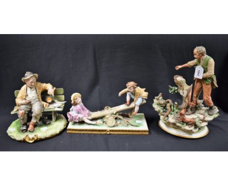 A Capodimonte ceramic figure group, Boy and Girl on See-Saw; others, Vagrant on Bench, The Gamekeeper (3)