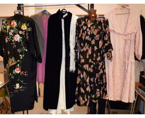 Vintage Costume - a 1930's embroidered kimono; floral tea dress, peach satin house robe, 1930's; Quad velvet cloak, 1960's; c