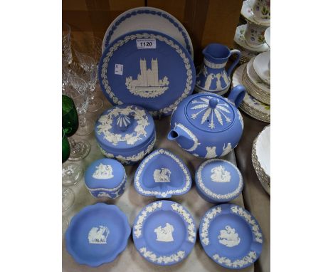 A Wedgwood Jasperware teapot; others including jug, dressing table tidy and cover, trinket dishes, etc