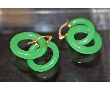 A pair of 14ct gold and green stone double hoop drop earrings, stamped 585 R A M, 13.2g gross