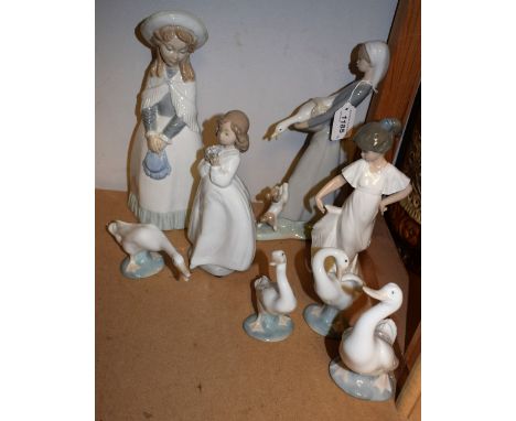 A Lladro figure, goose girl, other Lladro geese models; a Nao figure, girl in summer hat; others (8)