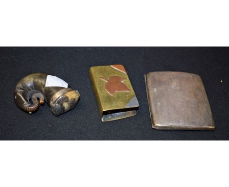 A horn snuff mull, Scottish in the form of an elephant with coiled trunk (a/f); a silver cigarette case, Birmingham hallmark;