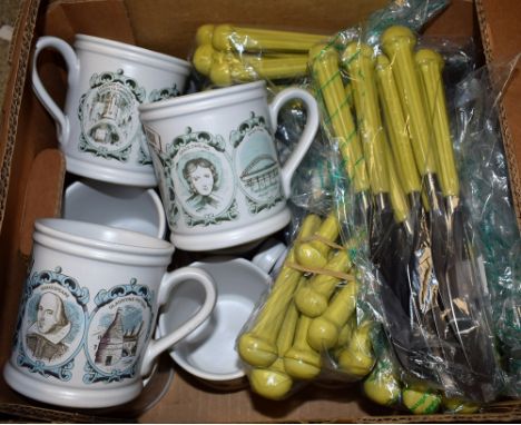 A set of thirteen Denby regional mugs; a set of Denby ceramic hafted flatware