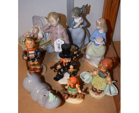 A Goebel figure designed by M J Hummel, chimney sweep, three others; a Nao figure, little boy with teddy bear, others, hippo,