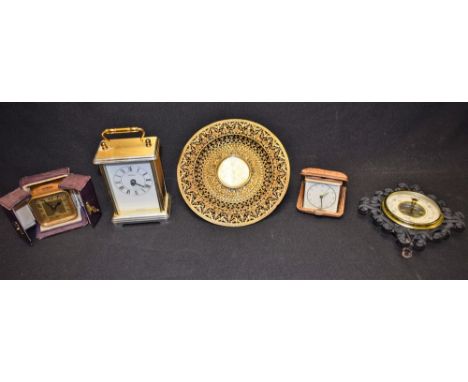 Clocks - an Art Deco Bayard sovereign alarm clock, cased; a gilt metal cased wall clock; others; a barometer (5)
