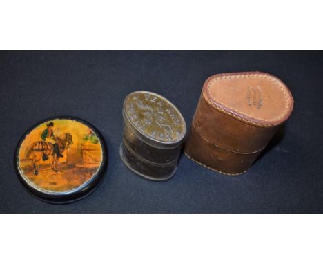 A tea and sugar tin in leather case; a Georgian papiermache snuff box