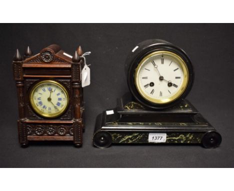 A faux slate mantel clock; a small clock (2) 