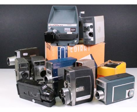Quantity of cine cameras to include Sekonic, Bell &amp; Howell, Canon, Kopil and Kodak examples together with a Kodak Flash I