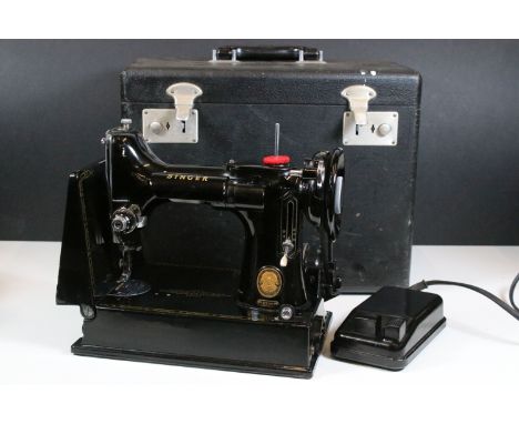 Singer Featherweight 221K portable sewing machine, in carry case with pedal and accessories&nbsp;