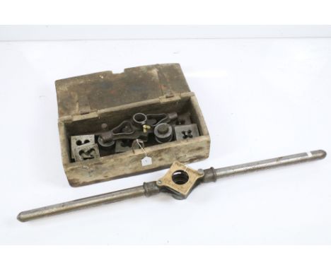 Walworth, Boston vintage pipe threader together with a tap and die kit contained within a wooden box