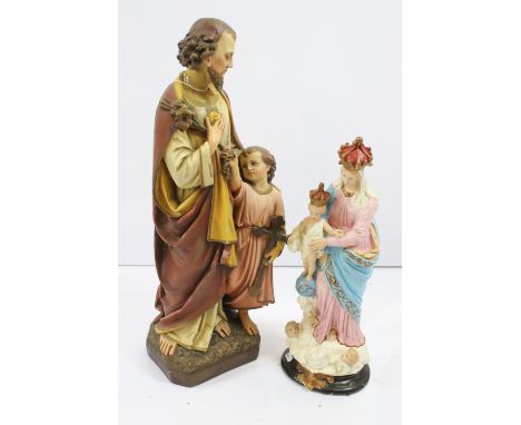 20th century Saint Joseph and child Jesus statue figurine, H 62cm together with a Madonna/ Virgin Mary and child example, H 4