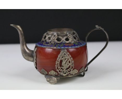 Chinese Tibetan silver white metal, agate and cloisonne enamel tea pot, with frog detailing to top of handle, marked to botto