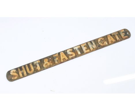 Cast iron Shut &amp; Fasten Gate sign, measures 85cm long